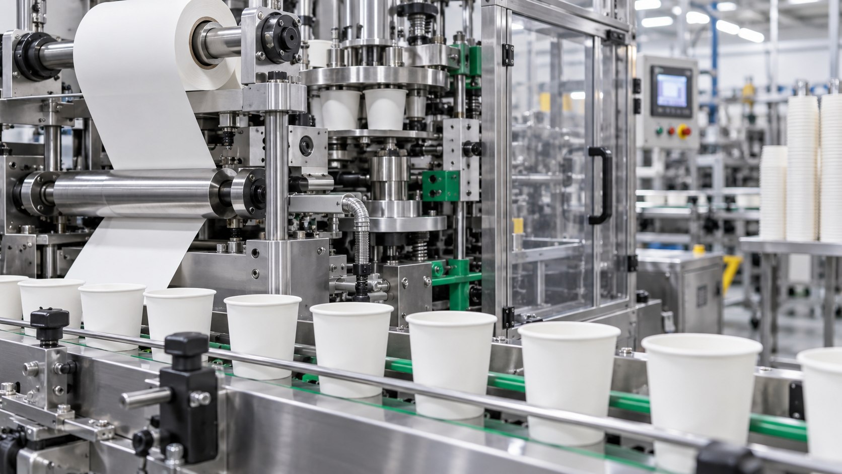 Illustrative automated paper cup forming and conveyor manufacturing process